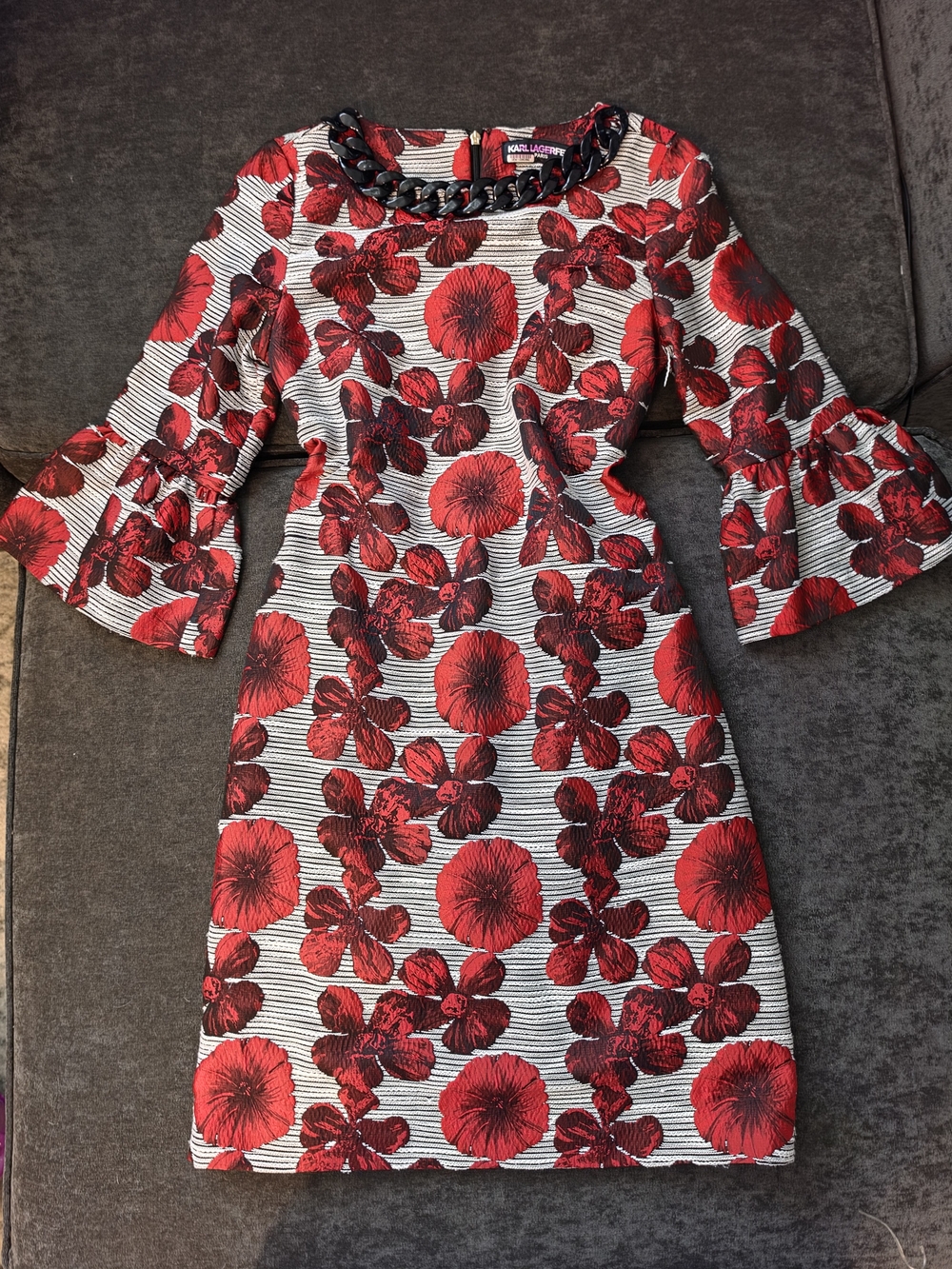Karl Lagerfeld Red and Black Floral Bell-Sleeve Midi Dress